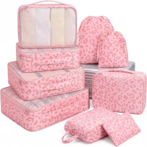 Woobolsalike 9 Set Packing Cubes for Travel Essentials - Lightweight Carry-On Luggage Organizer Bags with Shoe, Clothes & Laundry Bags for Airplane, Family & Business Travel, Pink leopard print