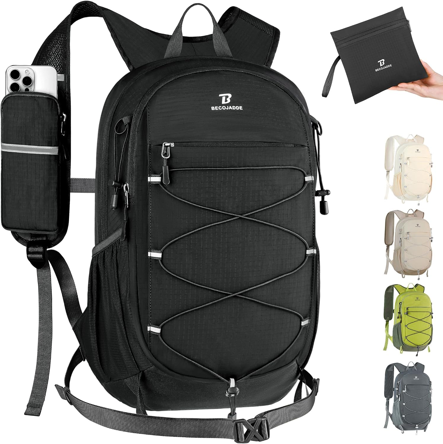BECOJADDE Hiking Backpack 20L Small Backpack Packable Day pack Water Resistant Lightweight Travel Backpack for Women Men with Shoulder Strap Pockets for Hiking Camping Outdoor, Black