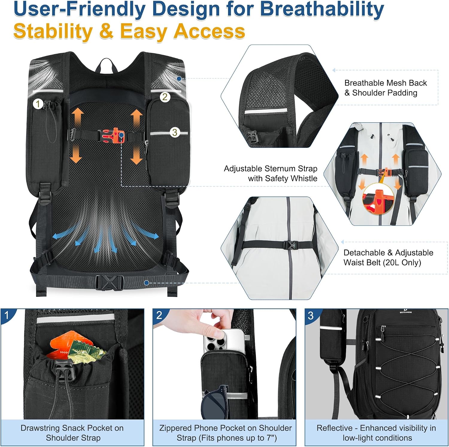 BECOJADDE Hiking Backpack 20L Small Backpack Packable Day pack Water Resistant Lightweight Travel Backpack for Women Men with Shoulder Strap Pockets for Hiking Camping Outdoor, Black - Image 2