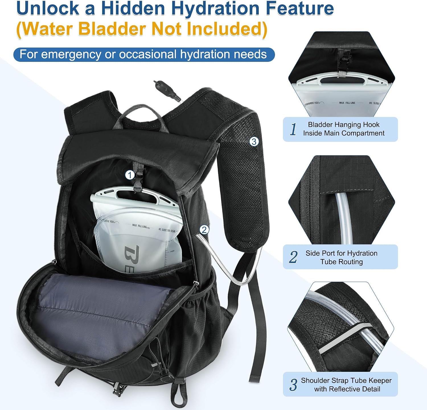BECOJADDE Hiking Backpack 20L Small Backpack Packable Day pack Water Resistant Lightweight Travel Backpack for Women Men with Shoulder Strap Pockets for Hiking Camping Outdoor, Black - Image 5