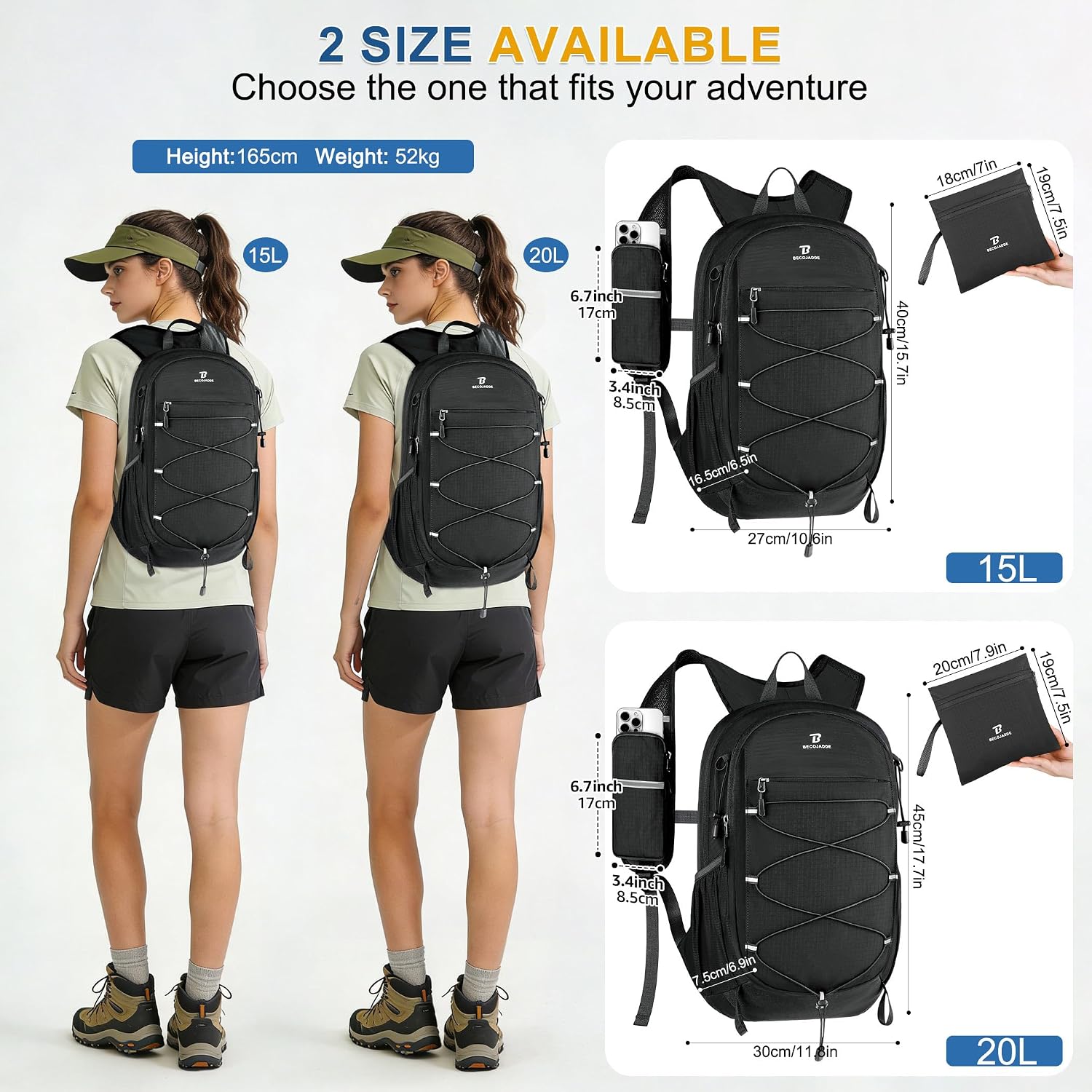 BECOJADDE Hiking Backpack 20L Small Backpack Packable Day pack Water Resistant Lightweight Travel Backpack for Women Men with Shoulder Strap Pockets for Hiking Camping Outdoor, Black - Image 6